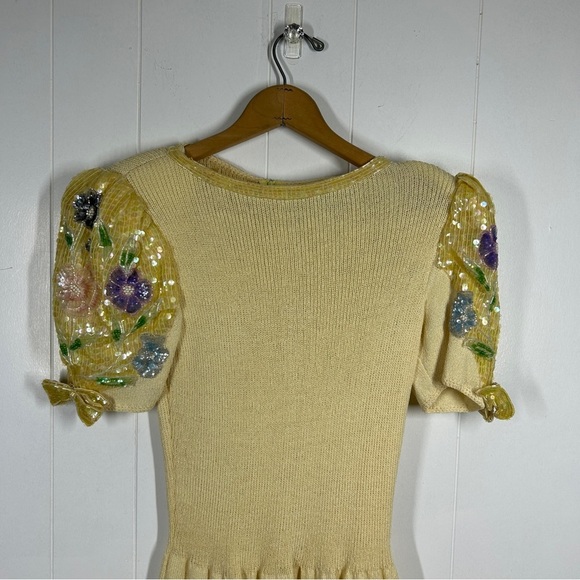 VTG Don Sayres for Wellmore Yellow Wool Blend Floral Beaded Dress 1 (XS) - Picture 3 of 7
